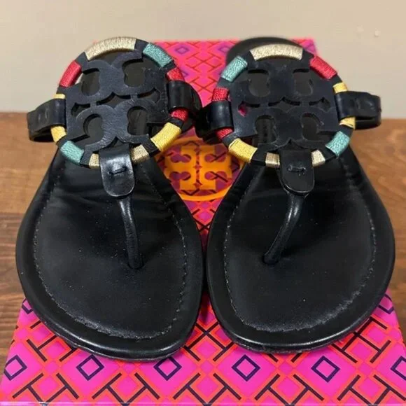 TORY BURCH 'MILLER' LEATHER THONG SANDALS EMBROIDERED W/'TB' BOX - Picture 6 of 16
